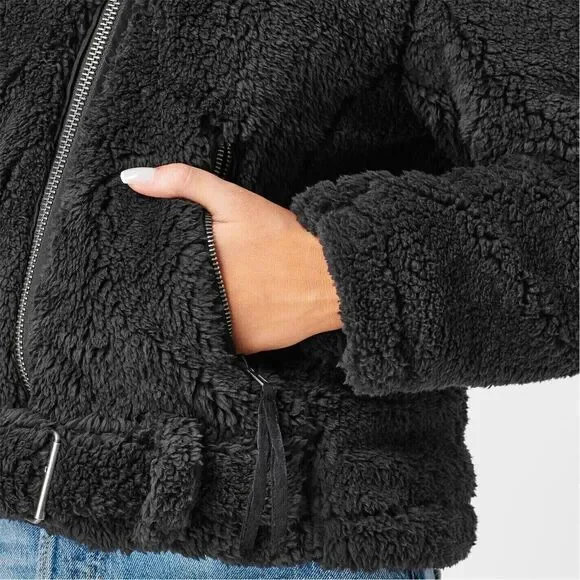 Free People Women's Black Faux Fur Full Zip Cozy Slouchy Moto Jacket Size XL - Picture 12 of 15